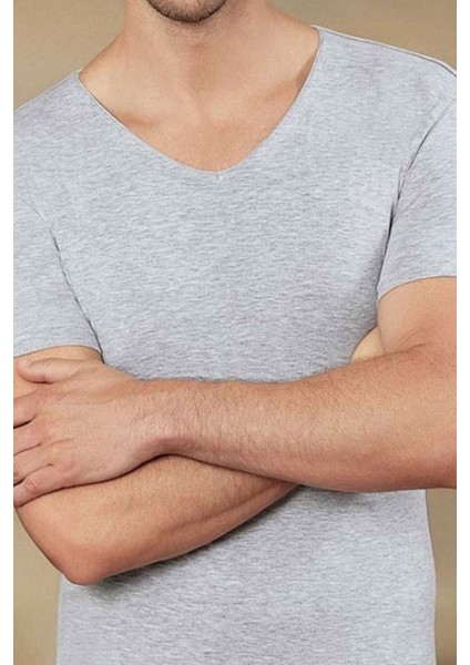 Gri Melanj 3lü Paket Erkek Derin V Yaka Kısa Kollu Lycralı Gri Melanj T-Shirt EDY712-713G fırsatları
