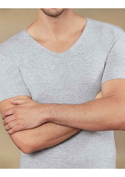 Gri Melanj 3lü Paket Erkek Derin V Yaka Kısa Kollu Lycralı Gri Melanj T-Shirt EDY712-713