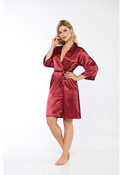 Bordo Ipek Saten Sabahlık - 14004 - Beden L