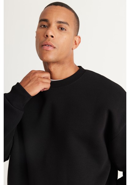 Erkek Siyah Oversize Fit Bol Kesim Pamuklu Içi Polarlı 3 Iplik Bisiklet Yaka Sweatshirt