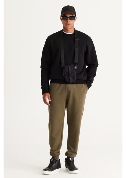 Erkek Siyah Oversize Fit Bol Kesim Pamuklu Içi Polarlı 3 Iplik Bisiklet Yaka Sweatshirt
