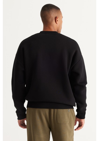 Erkek Siyah Oversize Fit Bol Kesim Pamuklu Içi Polarlı 3 Iplik Bisiklet Yaka Sweatshirt