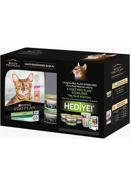 Kısırlaştırılmış Somon Balıklı Kedi Maması 1,5 kg + 3 Adet Pro Plan Yaş Mama Hediye
