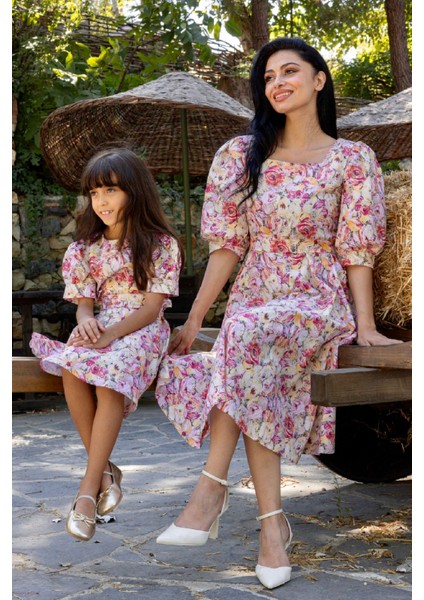 Turuncu Pastel Çiçekli Kare Yaka Karpuz Kol Kloş Kombin (Tekli Satılmaktadır)