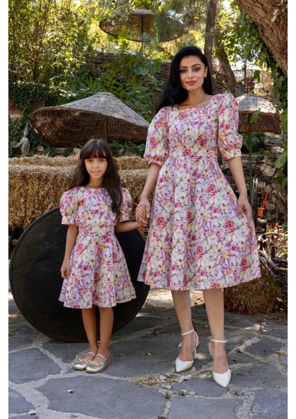 Turuncu Pastel Çiçekli Kare Yaka Karpuz Kol Kloş Kombin (Tekli Satılmaktadır) modelleri