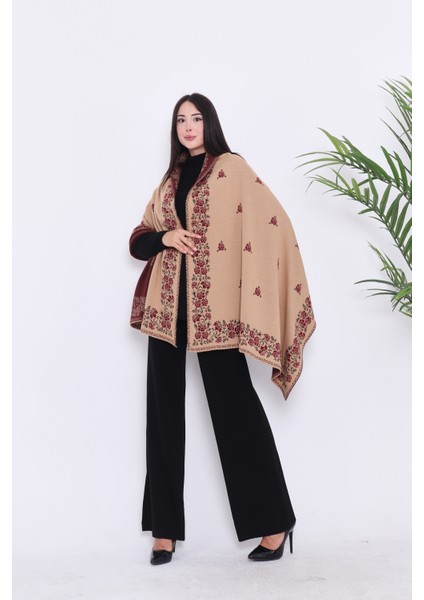 Güllü Model-Kadın,genç,anne-Triko Omuz Şalı- Camel-Bordo modelleri