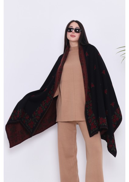 Güllü Model- Kadın,genç,anne,triko Omuz Şalı- Siyah-Bordo