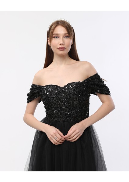 Düşük Kollu Kalp Yaka Pullu Abiye Elbise fiyatları