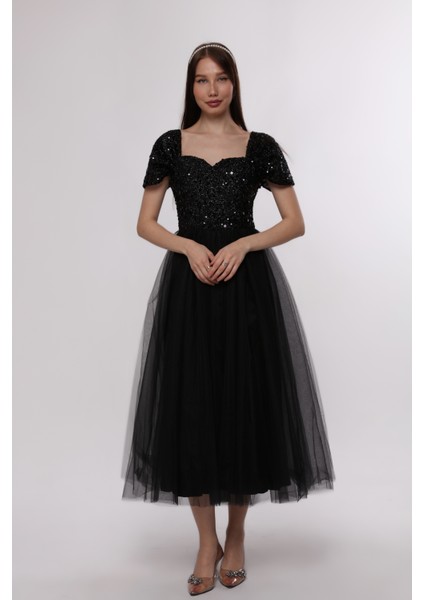 Düşük Kollu Kalp Yaka Pullu Abiye Elbise indirimleri