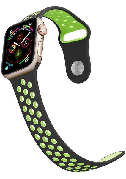 Apple Watch 3 4 5 6 7 8 9 Se Uyumlu 38-40-41MM Delikli Silikon Kordon-02 Siyah-Yeşil