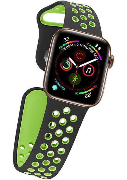 Apple Watch 3 4 5 6 7 8 9 Se Uyumlu 38-40-41MM Delikli Silikon Kordon-02 Siyah-Yeşil