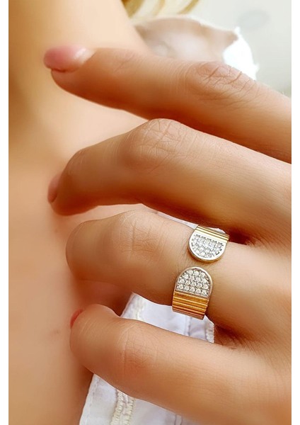 Zirkon Taş Detaylı 925AYAR Gümüş Üzerine Altın Kaplama Tasarım Ayarlanabilir Yüzük