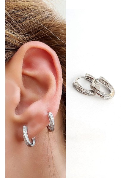 Pırlanta Parlaklığında Zirkon Taşlı 925AYAR Gümüş Italyan Halka Küpe