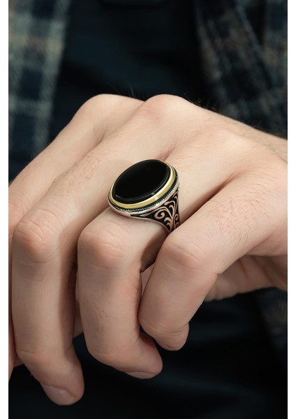 Oval Siyah Oniks Taşlı 925 Gümüş Erkek Yüzük