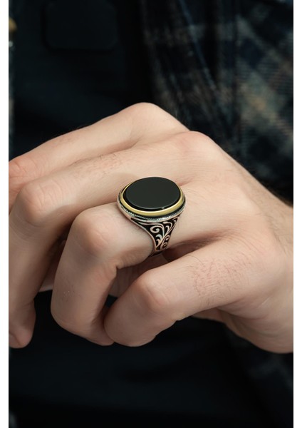 Oval Siyah Oniks Taşlı 925 Gümüş Erkek Yüzük modelleri