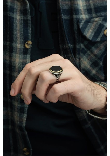 Oval Siyah Oniks Taşlı 925 Gümüş Erkek Yüzük fırsatları