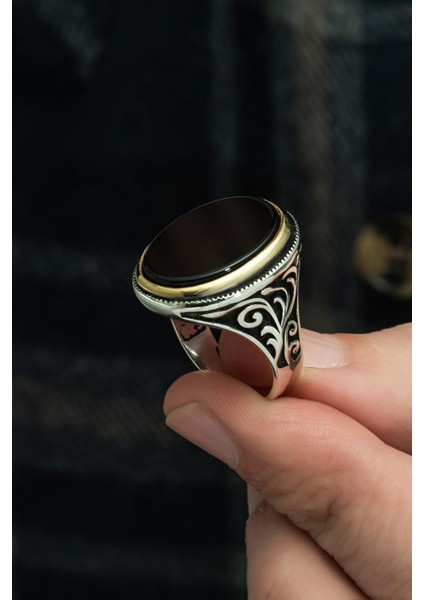 Oval Siyah Oniks Taşlı 925 Gümüş Erkek Yüzük indirimleri