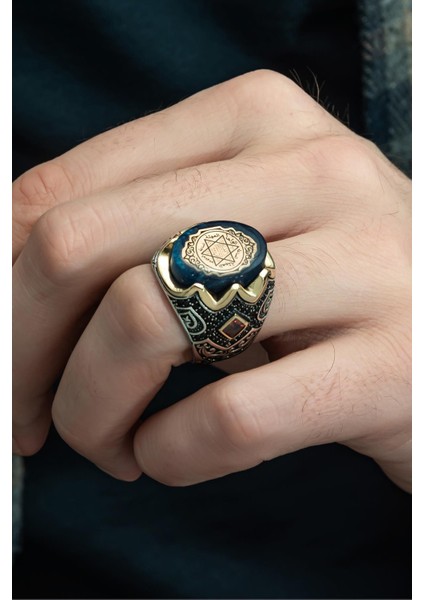 Mührü Süleyman Işleme Kehribar Taşlı 925 Gümüş Erkek Yüzük