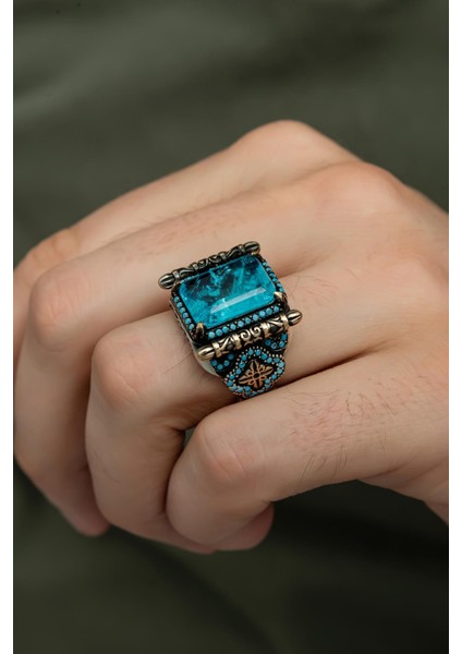 Kare Mavi Paraiba Taşlı 925 Gümüş Erkek Yüzük