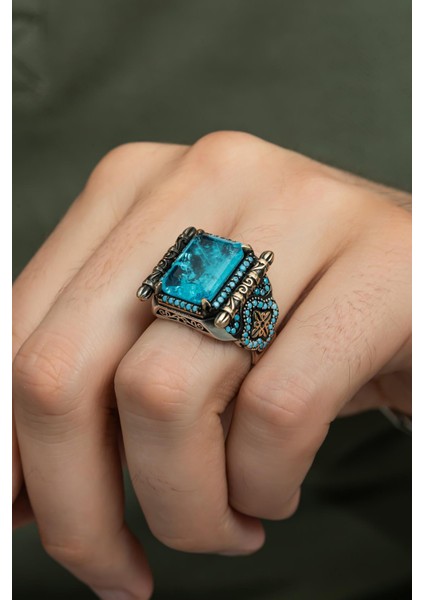 Kare Mavi Paraiba Taşlı 925 Gümüş Erkek Yüzük modelleri
