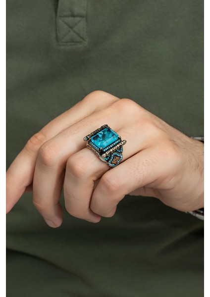 Kare Mavi Paraiba Taşlı 925 Gümüş Erkek Yüzük indirimleri