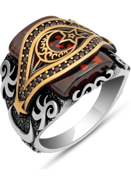 Ayyıldız Kırmızı Taşlı 925 Gümüş Erkek Yüzük