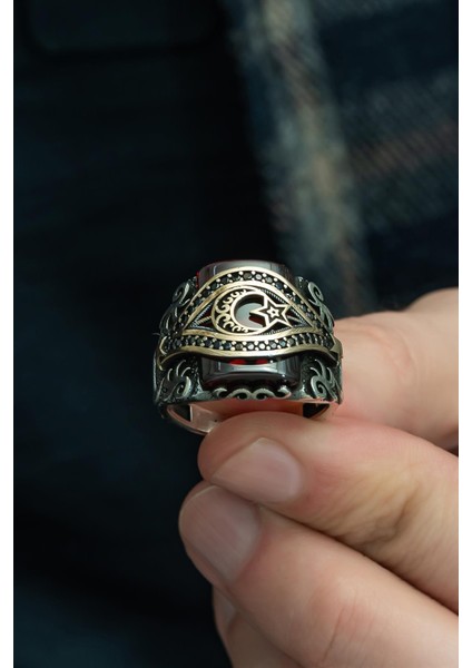 Ayyıldız Kırmızı Taşlı 925 Gümüş Erkek Yüzük fiyatları