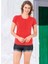 Kadın Kırmızı Kısa Kol Bisiklet Yaka Patlı Kot Şortlu Takım EDY40035 1