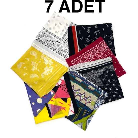 Naz Ipek 7'li Set  Pamuklu Bandana Fular 55X55CM  7 Adet Etnik Geometrik Çiçekli