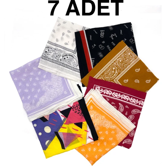 Naz Ipek 7'li Set  Pamuklu Bandana Fular 55X55CM  7 Adet Etnik Geometrik Çiçekli