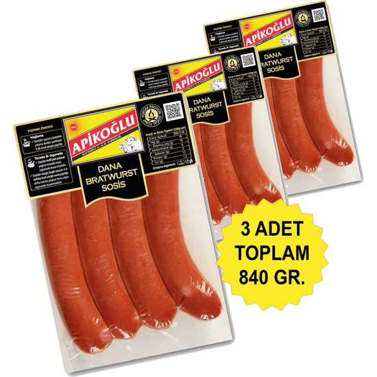 Apikoğlu Doğal Füme Dana Bratwurst Sosis Üçlü Paket