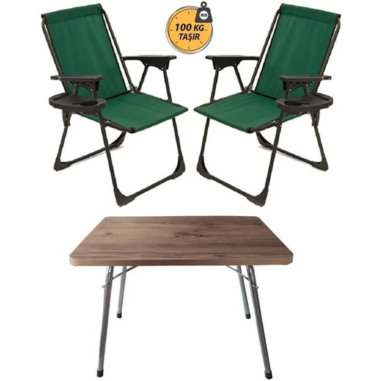 Kampseti 2 Adet Katlanır Kamp Sandalye ve Masa Seti-Taşınabilir Piknik Bahçe Sandalyesi-Masası