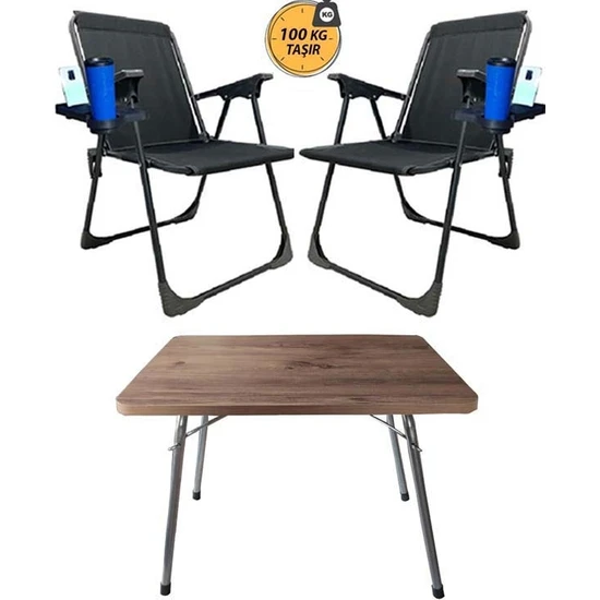KampSeti 2 Adet Katlanır Kamp Sandalye ve Masa Seti-Taşınabilir Piknik Bahçe Sandalyesi-Masası