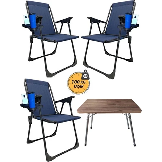Kampseti 3 Adet Katlanır Kamp Sandalye ve Masa Seti-Taşınabilir Piknik Bahçe Sandalyesi-Masası