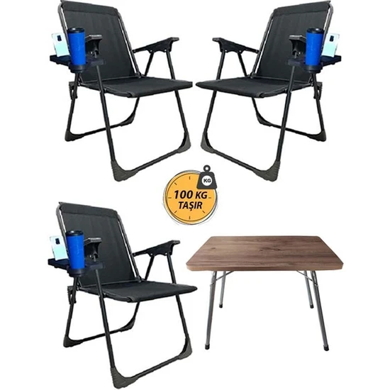 KampSeti 3 Adet Katlanır Kamp Sandalye ve Masa Seti-Taşınabilir Piknik Bahçe Sandalyesi-Masası