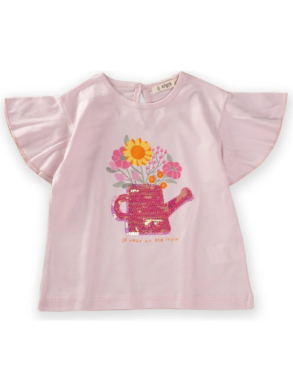 Cigit Pullu Çiçek Baskılı T-Shirt 2-10 Yaş Pudra Pembe
