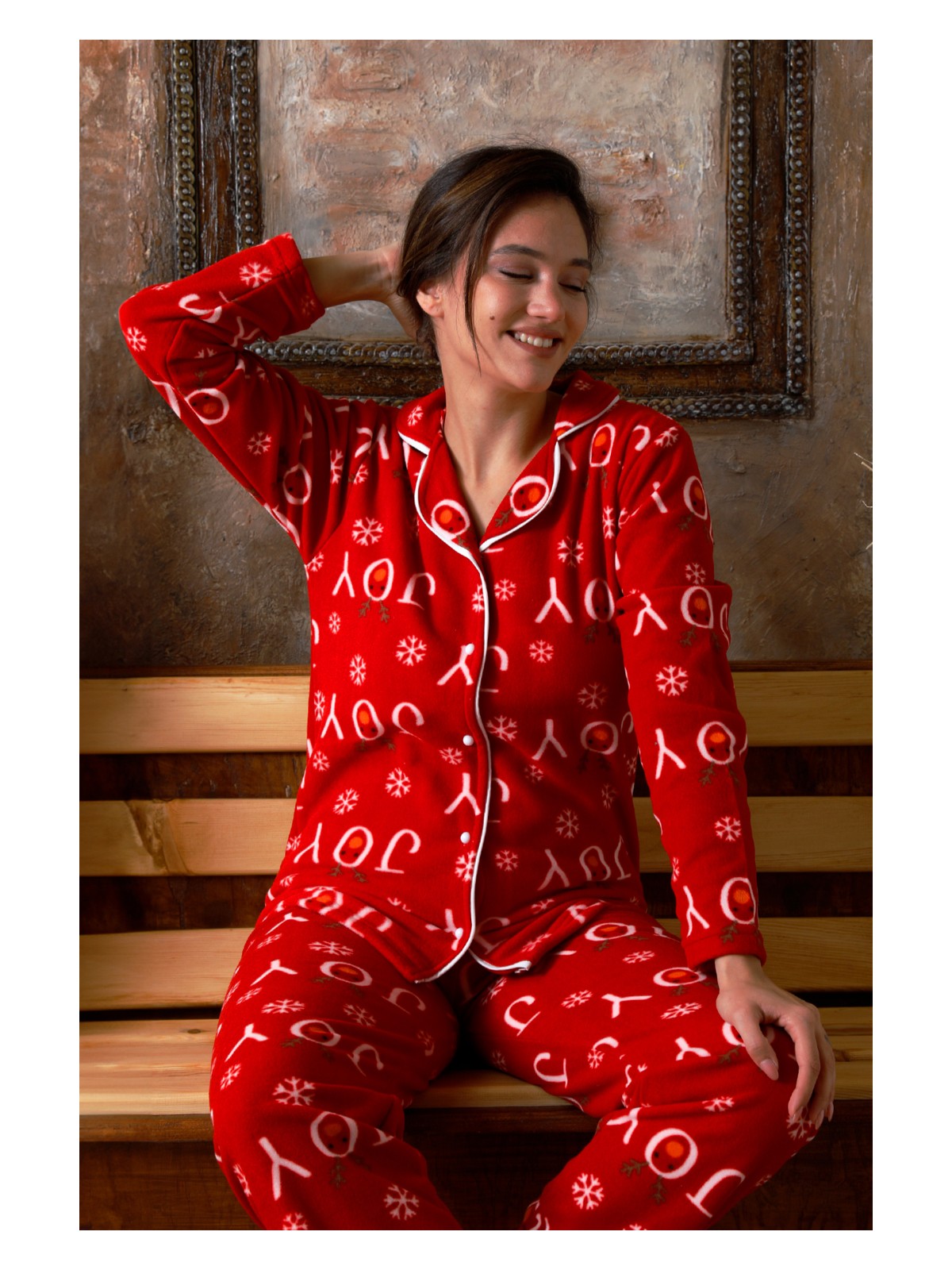 Nisanca Kışlık Yılbaşı Desenli Kadın Gömlek Polar Pijama Takımı - Görsel 4
