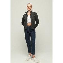 Owut Collection Kadın Cep Detaylı Fermuarlı Çelik Interlok Kumaş Çeket
