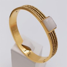 Hena Çelik Gold Beyaz Sedef Taşlı Kelepçe