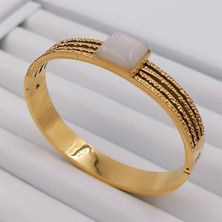 Hena Çelik Gold Beyaz Sedef Taşlı Kelepçe
