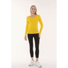 Defy's Kadın V Yaka Uzun Kollu Regular Fit Basic Tişört Sarı