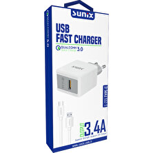 Sunix S225 Tek Çıkışlı Type-C 3.4A Quick Charger 3.0 Ev Şarj Aleti Set