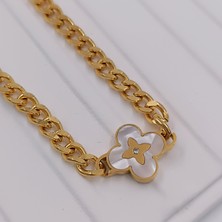 Hena Çelik Gold Beyaz Sedef Yoncalı Zincir Kolye 45 cm