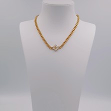 Hena Çelik Gold Beyaz Sedef Yoncalı Zincir Kolye 45 cm