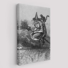 Harita Sepeti Süpürge ile Uçan Yaşlı Cadı ve Kedisi, Cadılar Bayramı Hediyesi, Hellowen Tablo -6304