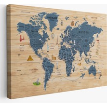 Harita Sepeti Ahşap Görünümlü Dünya Haritası Sembollü Eğitici Dekoratif Kanvas Tablo 2912