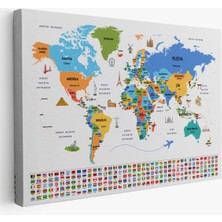 Harita Sepeti Türkçe Dünya Haritası Ülke Bayrak ve Başkentli Kanvas Tablo 1966