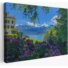 Harita Sepeti Mor Çiçekler Arasındaki Göl Manzaralı Ev Duvar TABLOSU-3673