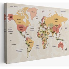 Doğal Tercih Türkçe Dünya Haritası Kanvas Tablo Ülke Başkentli ve Okyanus Detaylı Tablo 2750