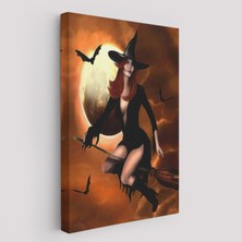 Harita Sepeti Süpürge Ile Uçan Cadı, Cadılar Bayramı Helloven Duvar Tablosu -6086